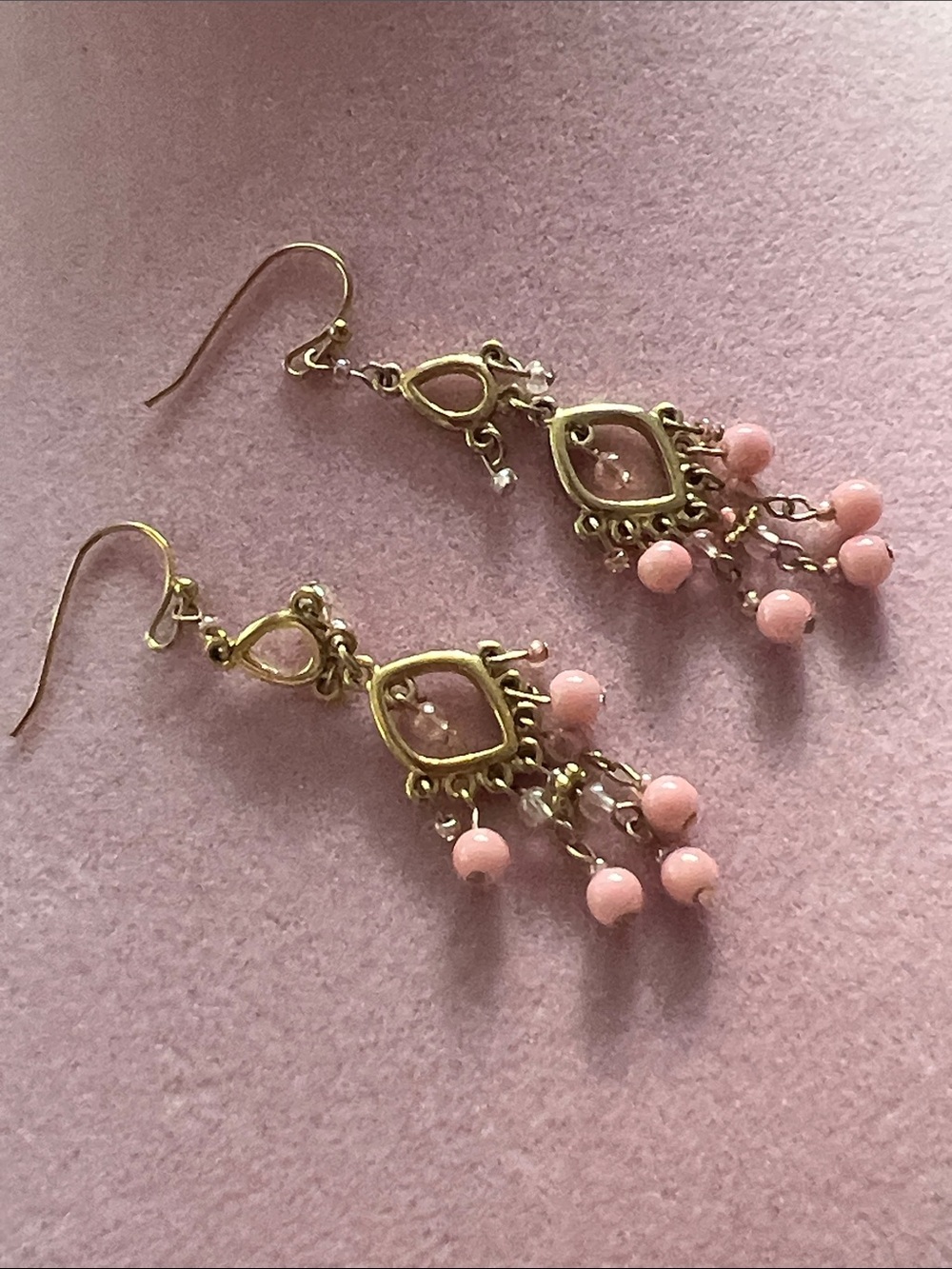 Gold-Tone Pink Bead Chandelier Earrings - Brand Unspecified